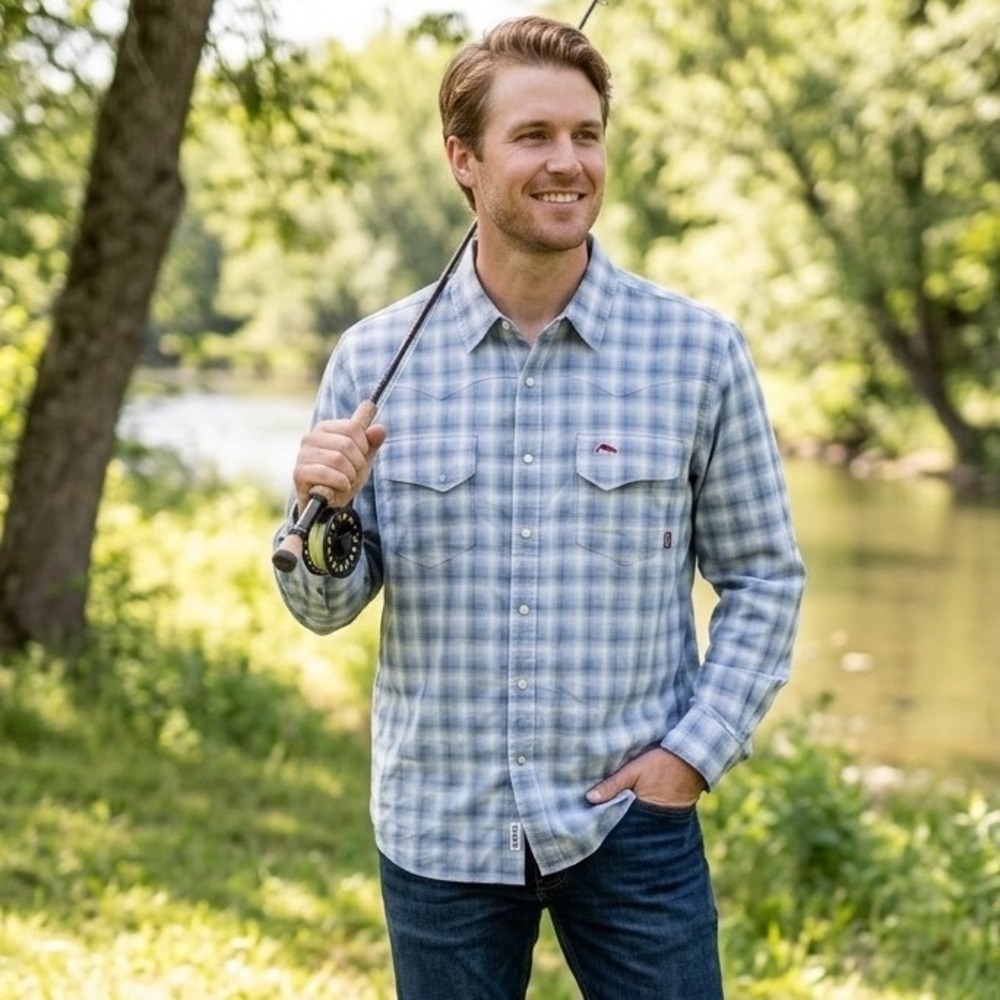 Simms Gallatin Blue Plaid Flannel Pearl Snap Fishing Shirt Mens XL COR3
